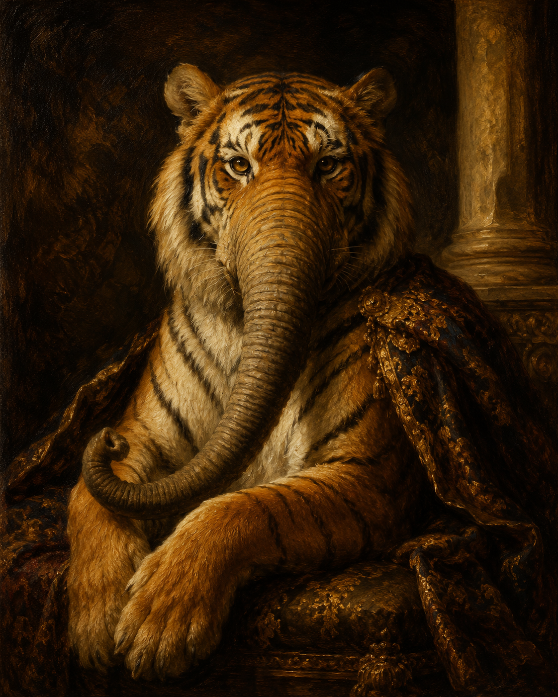 Criatura surreal: tigre com tromba de elefante